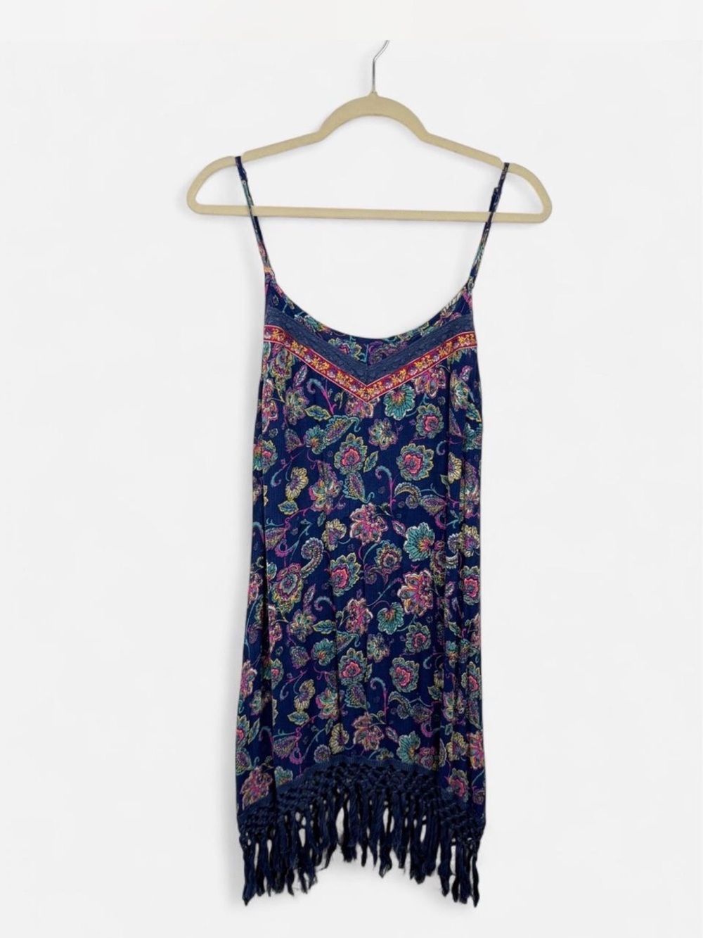Floral Fringe Navy Spaghetti Strap Women's Top